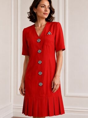 Vintage 80s Caron Chicago Red Sheath Dress Striped Buttons Pleated Hem